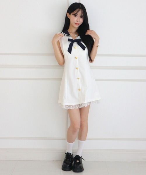 ALLuRing ChaRm(アリュリングチャーム)の「Sailor Lace Ribbon Mini Dress / セーラーレースリボンミニワンピース(ワンピース・レディース・ホワイト/ネイビー・FREE)」の8枚目の写真