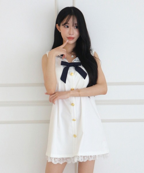 ALLuRing ChaRm(アリュリングチャーム)の「Sailor Lace Ribbon Mini Dress / セーラーレースリボンミニワンピース(ワンピース・レディース・ホワイト/ネイビー・FREE)」の4枚目の写真