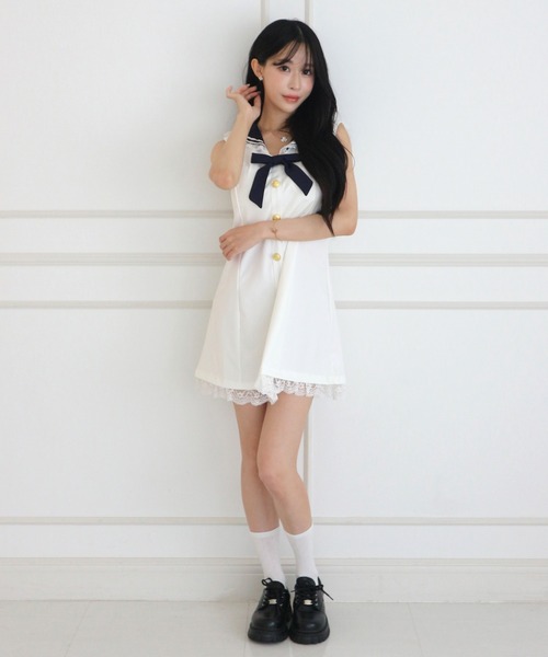 ALLuRing ChaRm(アリュリングチャーム)の「Sailor Lace Ribbon Mini Dress / セーラーレースリボンミニワンピース(ワンピース・レディース・ホワイト/ネイビー・FREE)」の9枚目の写真