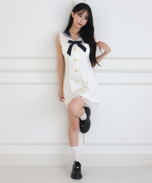 ALLuRing ChaRm(アリュリングチャーム)の「Sailor Lace Ribbon Mini Dress / セーラーレースリボンミニワンピース(ワンピース・レディース・ホワイト/ネイビー・FREE)」の10枚目の写真