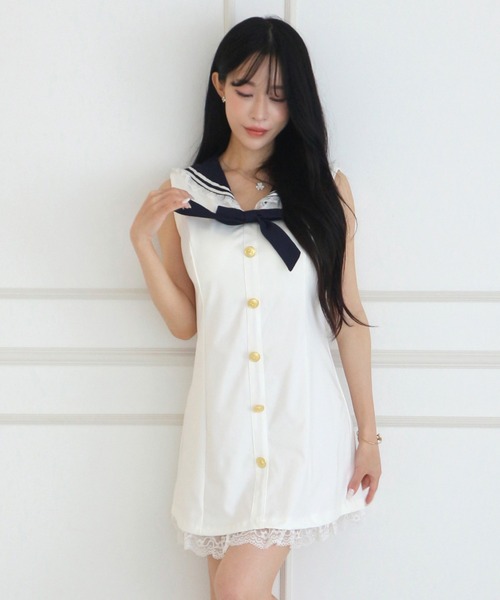 ALLuRing ChaRm(アリュリングチャーム)の「Sailor Lace Ribbon Mini Dress / セーラーレースリボンミニワンピース(ワンピース・レディース・ホワイト/ネイビー・FREE)」の5枚目の写真