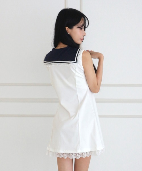 ALLuRing ChaRm(アリュリングチャーム)の「Sailor Lace Ribbon Mini Dress / セーラーレースリボンミニワンピース(ワンピース・レディース・ホワイト/ネイビー・FREE)」の6枚目の写真