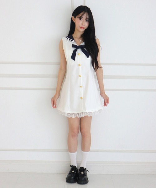 ALLuRing ChaRm(アリュリングチャーム)の「Sailor Lace Ribbon Mini Dress / セーラーレースリボンミニワンピース(ワンピース・レディース・ホワイト/ネイビー・FREE)」の7枚目の写真