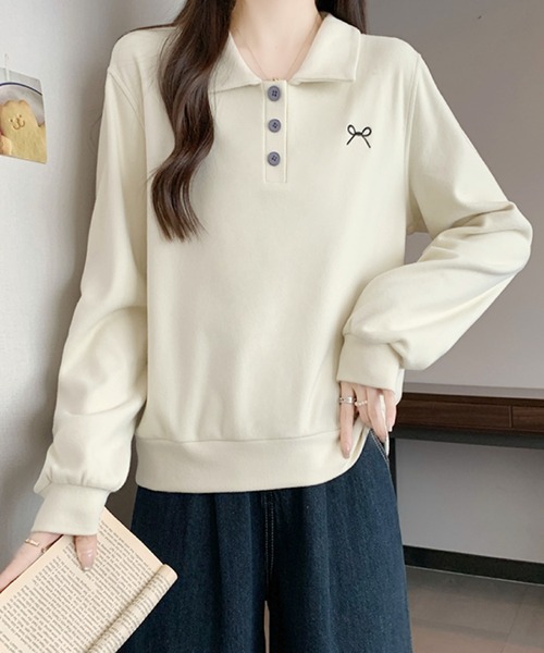2ly2(トゥーリートゥー)の「ワンポイント刺繍 ポロカラースウェット / カジュアル 長袖トップス(その他トップス・レディース・ベージュ/グレー/ネイビー・FREE)」の3枚目の写真