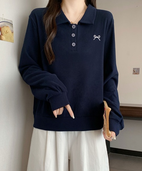 2ly2(トゥーリートゥー)の「ワンポイント刺繍 ポロカラースウェット / カジュアル 長袖トップス(その他トップス・レディース・ベージュ/グレー/ネイビー・FREE)」の5枚目の写真