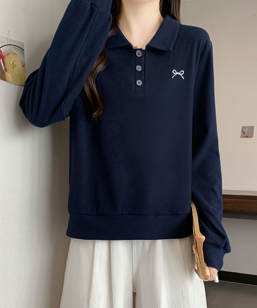 2ly2(トゥーリートゥー)の「ワンポイント刺繍 ポロカラースウェット / カジュアル 長袖トップス(その他トップス・レディース・ベージュ/グレー/ネイビー・FREE)」の9枚目の写真
