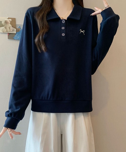 2ly2(トゥーリートゥー)の「ワンポイント刺繍 ポロカラースウェット / カジュアル 長袖トップス(その他トップス・レディース・ベージュ/グレー/ネイビー・FREE)」の4枚目の写真