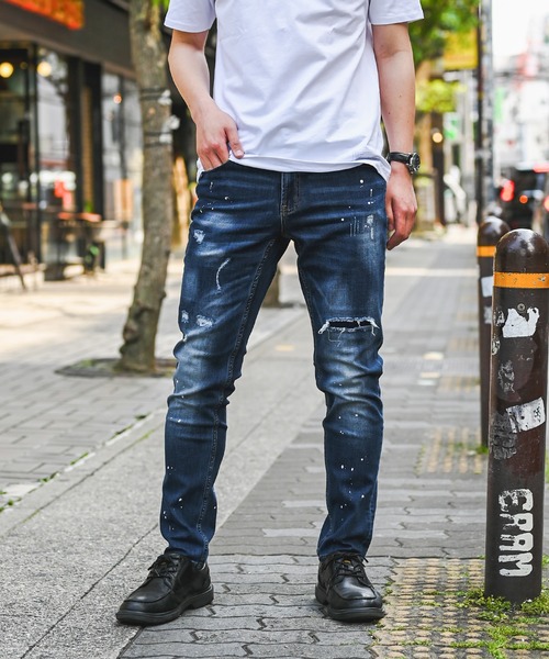 adamsJUGGLER(アダムスジャグラー)の「RTEGスプラッシュペイントデニムロングパンツ(デニムパンツ・メンズ・インディゴブルー/ブラック・XL/L/M)」の2枚目の写真