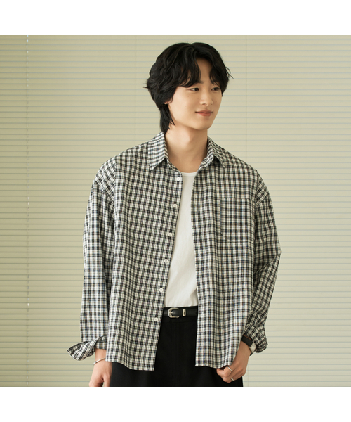 HYOJI（ヒョージ）の「26 SS セミクロップライトウェイトチェックシャツ (5カラー)（シャツ/ブラウス・メンズ・ネイビー/ブラック/グレー/ブルー/ブラック×ホワイト・M/L/S/XL）」の2枚目の写真