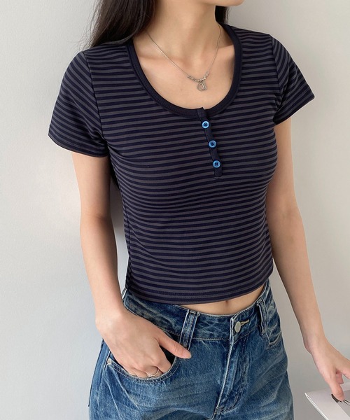 MAISON DE THERESE(メゾン ド テレーズ)の「ボーダークロップドTシャツ 半袖ピチT ヘンリーネック ダークボーダー(Tシャツ/カットソー・レディース・GRAY・M)」の1枚目の写真
