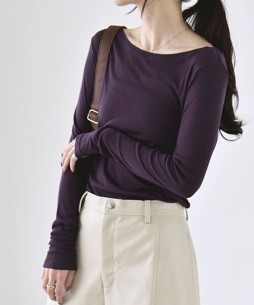 quaranciel(カランシエル)の「quaranciel:〈手洗い可能〉ウール ミックス シアー ボートネック プルオーバー(Tシャツ/カットソー・レディース・グレー/ホワイト/ブラック/パープル・38/40)」の4枚目の写真