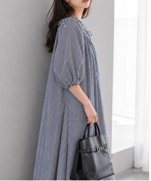 リボンネック ギャザーワンピース【Indian Cotton】