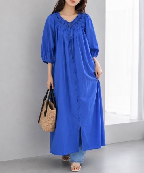 Muffiny(マフィニー)の「リボンネック ギャザーワンピース【Indian Cotton】(ワンピース・レディース・ストライプ/ブルー/ドット/ブラック・MEDIUM)」の2枚目の写真