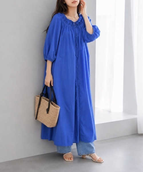 Muffiny(マフィニー)の「リボンネック ギャザーワンピース【Indian Cotton】(ワンピース・レディース・ストライプ/ブルー/ドット/ブラック・MEDIUM)」の14枚目の写真