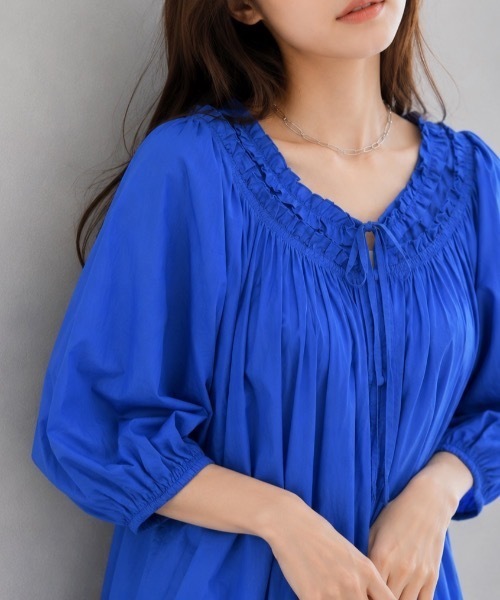Muffiny(マフィニー)の「リボンネック ギャザーワンピース【Indian Cotton】(ワンピース・レディース・ストライプ/ブルー/ドット/ブラック・MEDIUM)」の13枚目の写真