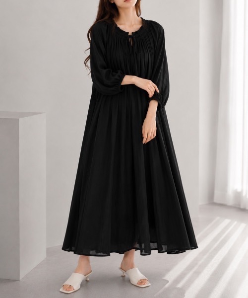 Muffiny(マフィニー)の「リボンネック ギャザーワンピース【Indian Cotton】(ワンピース・レディース・ストライプ/ブルー/ドット/ブラック・MEDIUM)」の7枚目の写真