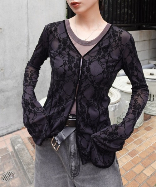 Ameri(�A����)��SHEER FLOCKY ROUND HEM TOPS(T�V���c/�J�b�g�\�[)