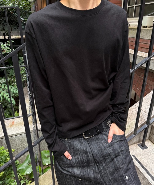 kutir(クティール)の「SOLID CROPPED LONG TSHIRT/無地クロップドロンT(Tシャツ/カットソー・メンズ・カーキ/ボルドー/ブラック/ブラック系その他2/ブラック系/杢グレー/オフホワイト・LARGE/SMALL/MEDIUM)」の3枚目の写真
