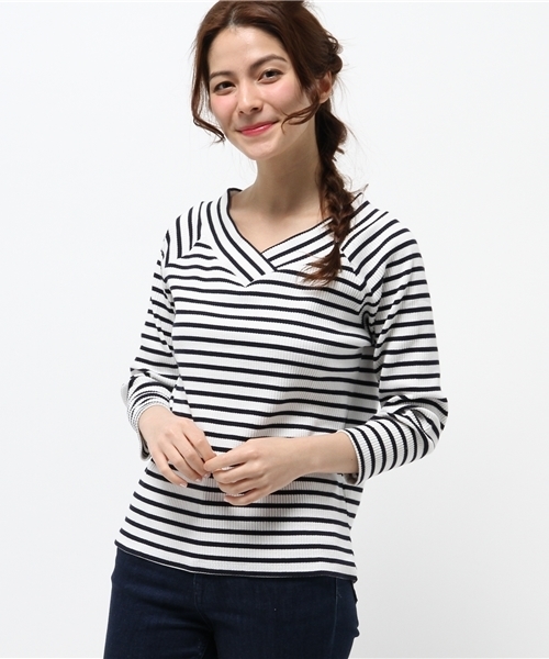 one after another NICE CLAUP(ワンアフターアナザーナイスクラップ)の「【ナイスクラップ】テレコボーダーVネックプルオーバー(Tシャツ/カットソー・レディース・アイボリー/ライトグレー/イエロー/その他12・FREE)」の4枚目の写真