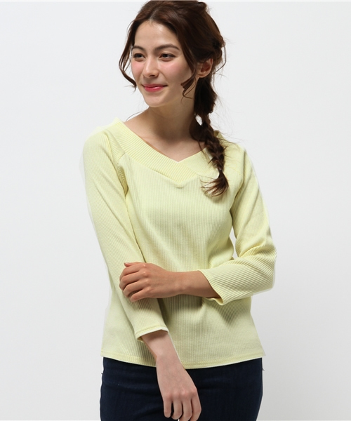 one after another NICE CLAUP(ワンアフターアナザーナイスクラップ)の「【ナイスクラップ】テレコボーダーVネックプルオーバー(Tシャツ/カットソー・レディース・アイボリー/ライトグレー/イエロー/その他12・FREE)」の3枚目の写真