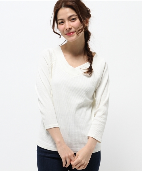 one after another NICE CLAUP(ワンアフターアナザーナイスクラップ)の「【ナイスクラップ】テレコボーダーVネックプルオーバー(Tシャツ/カットソー・レディース・アイボリー/ライトグレー/イエロー/その他12・FREE)」の2枚目の写真