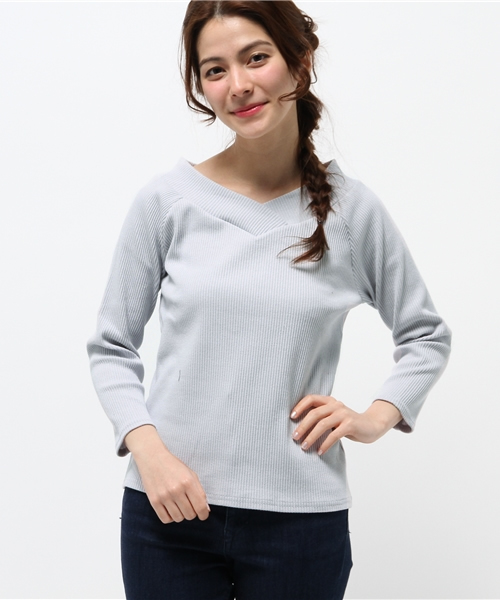 one after another NICE CLAUP(ワンアフターアナザーナイスクラップ)の「【ナイスクラップ】テレコボーダーVネックプルオーバー(Tシャツ/カットソー・レディース・アイボリー/ライトグレー/イエロー/その他12・FREE)」の1枚目の写真