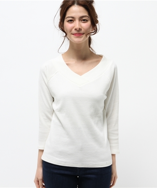 one after another NICE CLAUP(ワンアフターアナザーナイスクラップ)の「【ナイスクラップ】テレコボーダーVネックプルオーバー(Tシャツ/カットソー・レディース・アイボリー/ライトグレー/イエロー/その他12・FREE)」の5枚目の写真