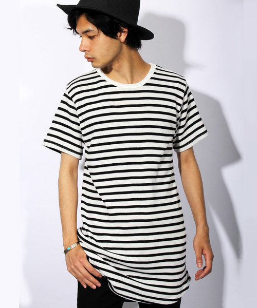 ８(eight)（エイト）の「ロング丈 半袖Tシャツ ワッフル生地 サーマル（Tシャツ/カットソー・メンズ・ブラック/ホワイト/ホワイト×ネイビー/ホワイト×ブラック/ブラック×レッド/グレー/ネイビー・LARGE/MEDIUM/X-LARGE/SMALL）」の3枚目の写真