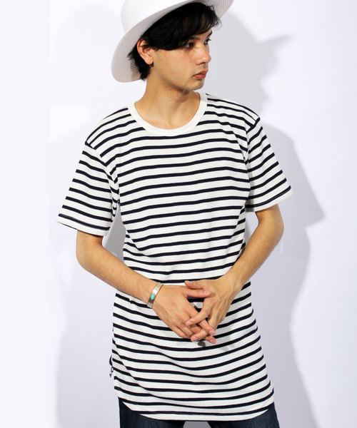 ８(eight)（エイト）の「ロング丈 半袖Tシャツ ワッフル生地 サーマル（Tシャツ/カットソー・メンズ・ブラック/ホワイト/ホワイト×ネイビー/ホワイト×ブラック/ブラック×レッド/グレー/ネイビー・LARGE/MEDIUM/X-LARGE/SMALL）」の4枚目の写真