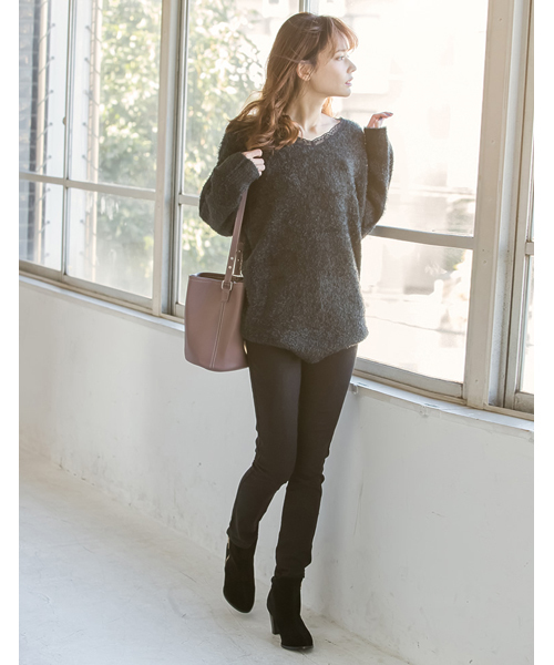 Re:EDIT（リエディ）の「[リエディ]襟レースシャギーニットチュニックトップス/ニットトップス（ニット/セーター・レディース・ピンク/ブラック/ネイビー/グレー・LARGE/MEDIUM）」の12枚目の写真