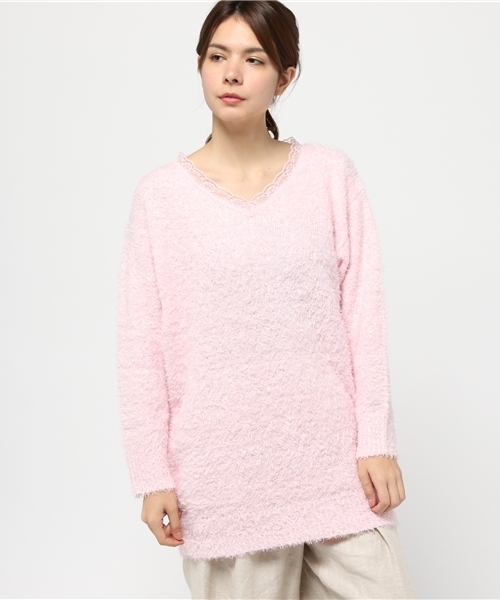 Re:EDIT（リエディ）の「[リエディ]襟レースシャギーニットチュニックトップス/ニットトップス（ニット/セーター・レディース・ピンク/ブラック/ネイビー/グレー・LARGE/MEDIUM）」の4枚目の写真