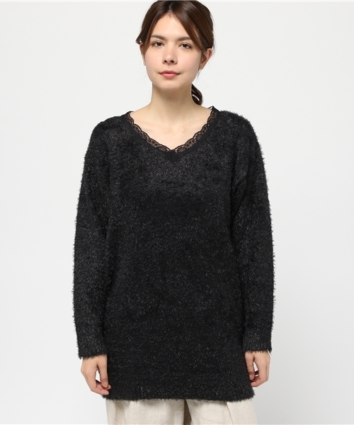 Re:EDIT（リエディ）の「[リエディ]襟レースシャギーニットチュニックトップス/ニットトップス（ニット/セーター・レディース・ピンク/ブラック/ネイビー/グレー・LARGE/MEDIUM）」の5枚目の写真