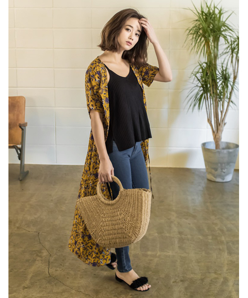 Re:EDIT（リエディ）の「[レトロな色使いでヴィンテージライクに華を添える]ヴィンテージ花柄ガウンワンピースワンピース/ワンピース/83～114cm[リエディ]（ワンピース・レディース・マスタード/グリーン/ブラック/ブラウン・MEDIUM）」の14枚目の写真