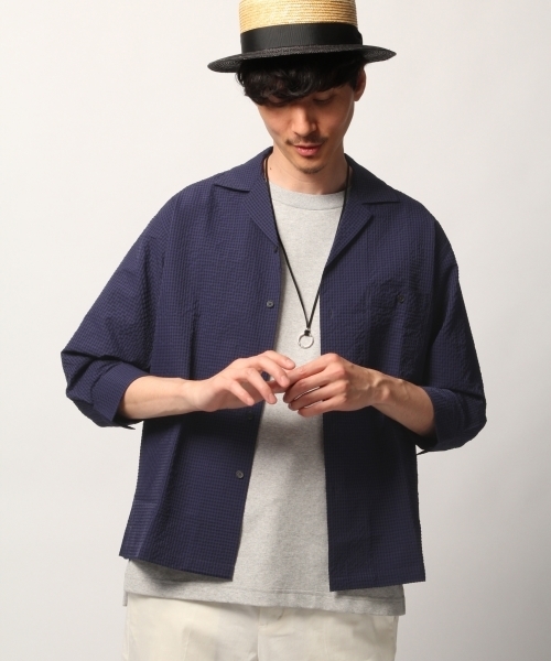 GLOBAL WORK（グローバルワーク）の「【吸水速乾】コンフォートオープンカラー7分袖/788916（シャツ/ブラウス・メンズ・ホワイト/ネイビー/グリーン・MEDIUM/LARGE）」の3枚目の写真