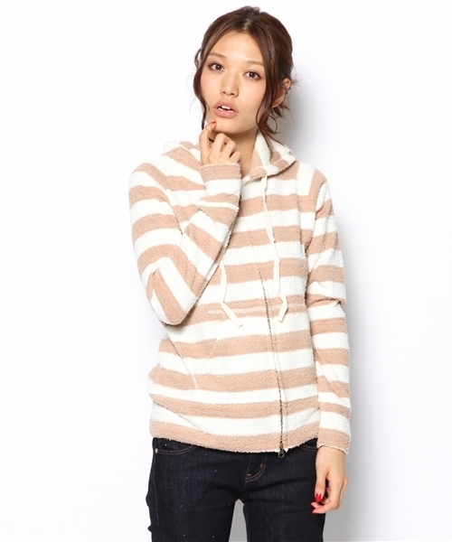 laule'a sunny side store(ラウレアサニーサイドストア)の「モコモコボーダージップアップパーカー(パーカー・レディース・ベージュ/グレー/ネイビー・FREE)」の3枚目の写真