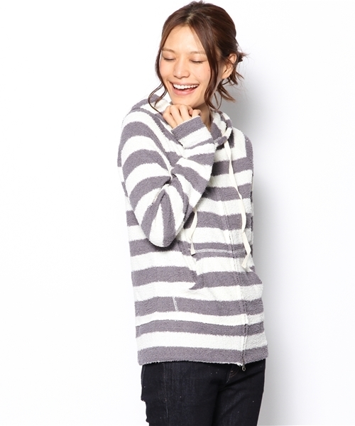 laule'a sunny side store(ラウレアサニーサイドストア)の「モコモコボーダージップアップパーカー(パーカー・レディース・ベージュ/グレー/ネイビー・FREE)」の2枚目の写真