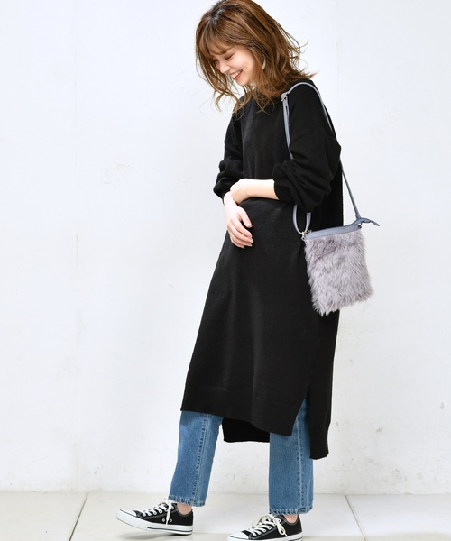 natural couture（ナチュラルクチュール）の「もちもちロングニットワンピ（ワンピース・レディース・ブラック/ダークブラウン/ピンク/トップグレー・FREE）」の6枚目の写真