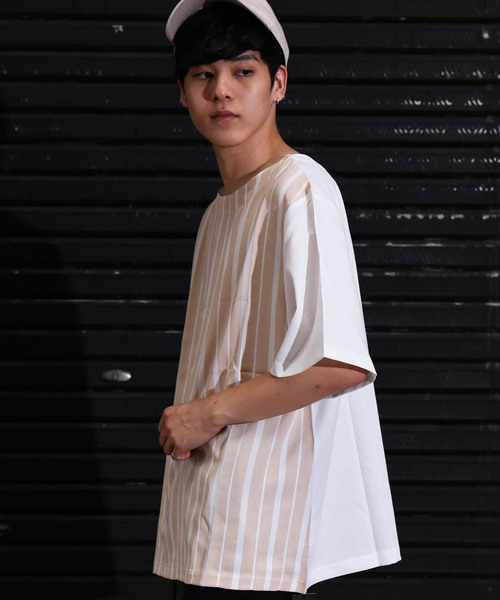 revertical(リバーティカル)の「ストライプ 接触冷感 配色 ダブルフェイス Tシャツ(Tシャツ/カットソー・メンズ・ブラック/ベージュ/ネイビー・M/L)」の1枚目の写真