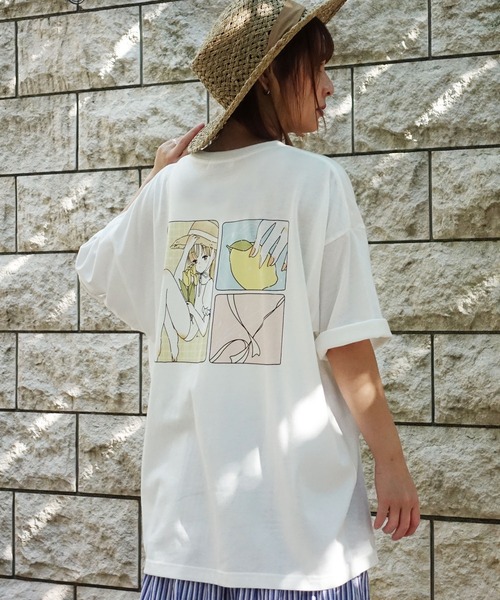 anown（アノン）の「オーバーサイズ 花刺繍 バックイラストプリント 半袖カットソー Tシャツ【イラストレーターden×anown 限定コラボ】（Tシャツ/カットソー・レディース・ベージュ/オフホワイト/チャコール・FREE）」の4枚目の写真