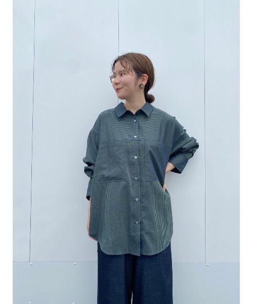 BEARDSLEY（ビアズリー）の「ストライプ切替シャツ（シャツ/ブラウス・レディース・ダークグリーン・FREE）」の6枚目の写真