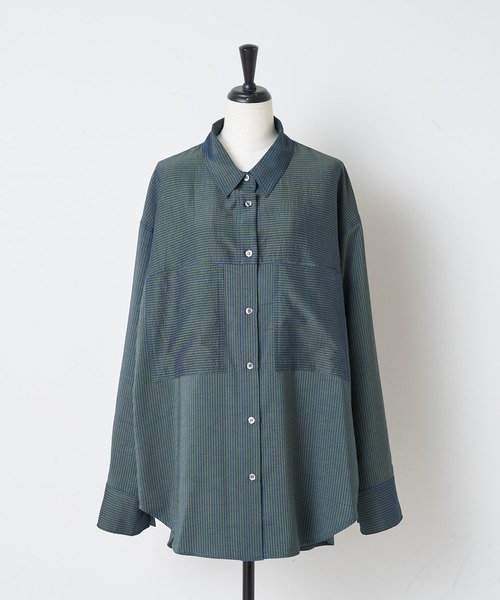 BEARDSLEY（ビアズリー）の「ストライプ切替シャツ（シャツ/ブラウス・レディース・ダークグリーン・FREE）」の4枚目の写真