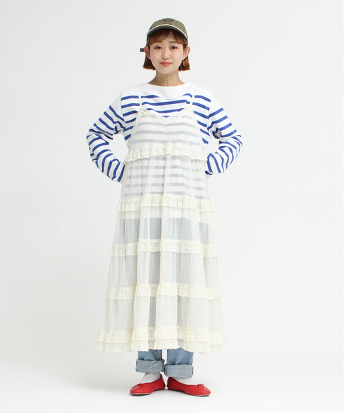 Dot＆Stripes CHILD WOMAN（ドットアンドストライプス　チャイルドウーマン）の「コットンメッシュ ティアードキャミワンピース（ワンピース・レディース・アイボリー/ブラック/レッド・FREE）」の7枚目の写真