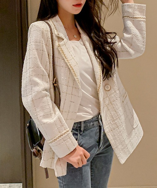 Jasmine Grandiflorum（ジャスミングランディフローラム）の「【Jasmine】ツイードテーラードジャケット（テーラードジャケット・レディース・ブラック/ホワイト/ホワイト系その他/ブラック系その他・SMALL/MEDIUM/LARGE）」の2枚目の写真