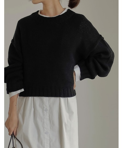 Re:EDIT(リエディ)の「アウトリンキングクロップドニットプルオーバー(ニット/セーター・レディース・ブラック/ブラウン/ピンク/グリーン/アイボリー・MEDIUM/LARGE)」の3枚目の写真