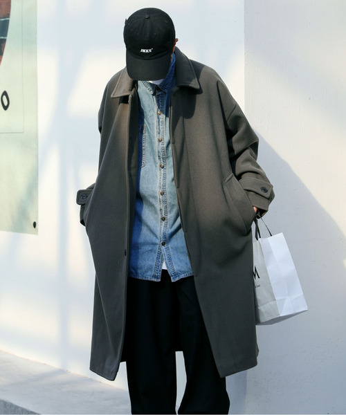 neos(ネオス)の「【neos -addictive design-】ルーズシルエット メルトン ステンカラー ロング コート(ステンカラーコート・メンズ・ブラック/クリーム/グレー系その他/キャメル・MEDIUM/LARGE/X-LARGE)」の5枚目の写真