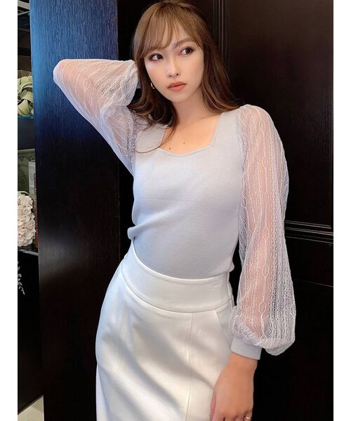 RESEXXY（リゼクシー）の「スクエアネックレースニットトップス（ニット/セーター・レディース・ホワイト/ブラック/オレンジ/ブルー・FREE）」の4枚目の写真