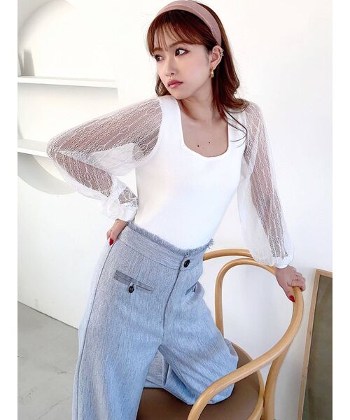 RESEXXY（リゼクシー）の「スクエアネックレースニットトップス（ニット/セーター・レディース・ホワイト/ブラック/オレンジ/ブルー・FREE）」の5枚目の写真