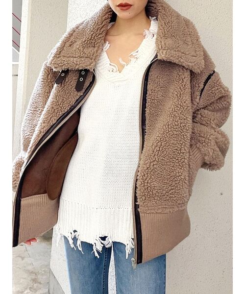 GYDA(ジェイダ)の「WIDE RIB ボア B-3 ジャケット(テーラードジャケット・レディース・ブラック/ブラウン/アイボリー/ミント・FREE)」の3枚目の写真