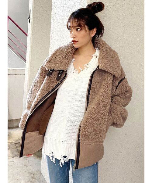 GYDA(ジェイダ)の「WIDE RIB ボア B-3 ジャケット(テーラードジャケット・レディース・ブラック/ブラウン/アイボリー/ミント・FREE)」の20枚目の写真