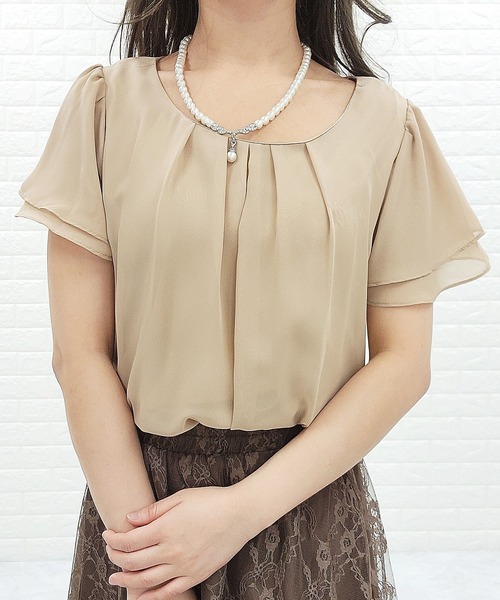 Lace Ladies(レースレディース)の「半袖 フロントタック フレア袖 シフォンブラウス(シャツ/ブラウス・レディース・ブラック/ネイビー/ホワイト/ベージュ/アイボリー・L/XL/S/M)」の4枚目の写真